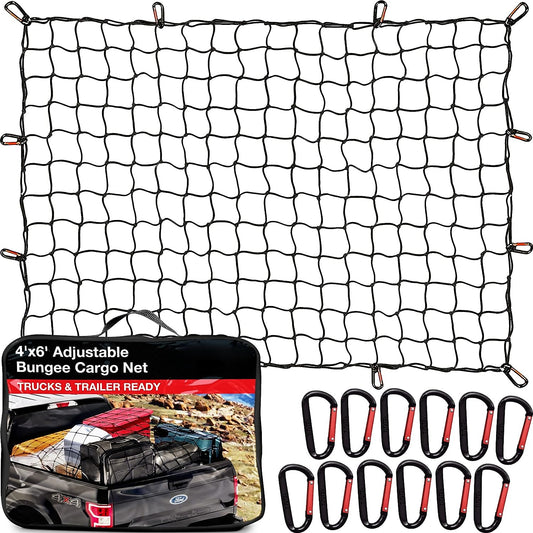 Hemdre Cargo Net for Pickup Truck Bed- Heavy Duty Small Latex Bungee Net Mesh with Metal Carabiners