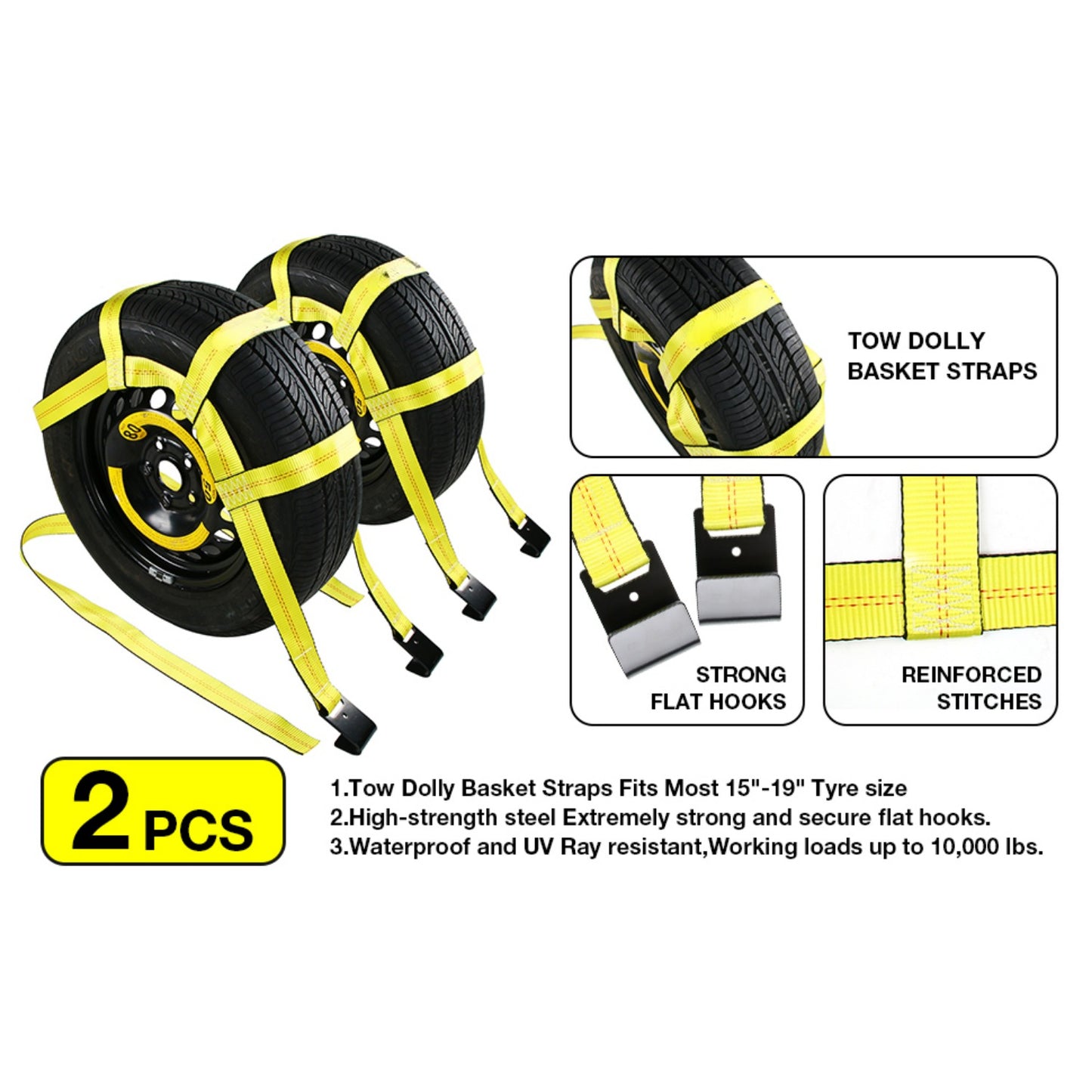 Hemdre Tow Dolly Basket Straps with Flat Hook-2 Pack,Tow Dolly Strap, Universal Vehicle Car Dolly Straps Accessories