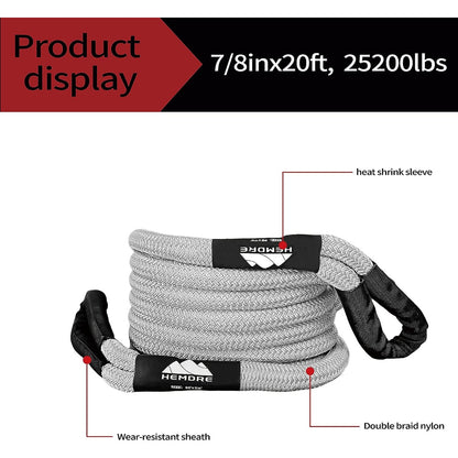 Hemdre 7/8in × 20ft Kinetic Recovery & Tow Rope (25200lbs), Heavy Duty Snatch Rope Offroad Power(Grey)