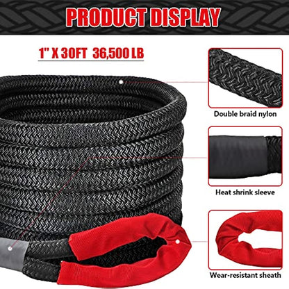 Hemdre 1"×30' Kinetic Recovery Tow Rope & Tow Rope(36,500lbs), with 2 D-Ring